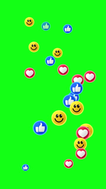 Seamless loop. Social media Live style animated icon on green background. Love heart, smile face and thumbs up symbols. Live stream. Chroma Key