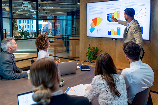 Man giving a big data presentation on a tv in a board room. There are several financial graphs and charts on the screen with a diverse group of people in the meeting room. There is paperwork and technology on the table