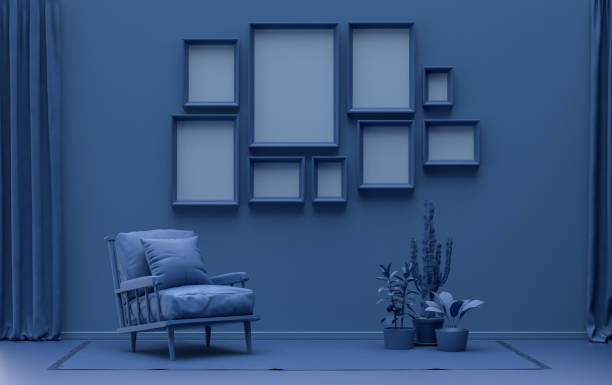 istock flat dark blue color room and plants, gallery wall template with 9 frames 1417095972