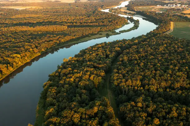 Aerial view of the river at sunset in summer