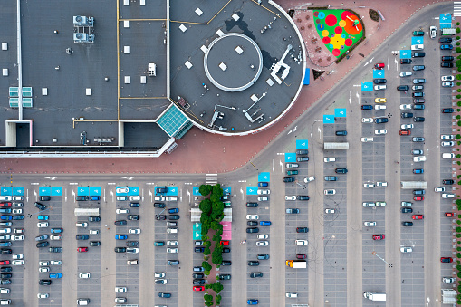 Aerial view of a parking lot near a mall