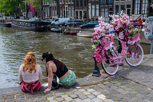 Amsterdam, The Netherlands - 21 June 2022: Amsterdam cityscape with decorated pink bike by artist Warren Gregory on a bridge