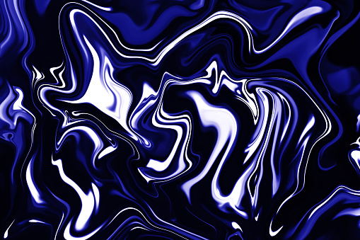 Marble Ink Swirl Abstract Sea Foam River Navy Blue White Liquid Breaking Wave Rippled Striped Pattern Black Background Expressionism Lava Art Watercolor Acrylic Paint Distorted Paintbrush Modern Image Shiny Light Dark Blue Storm Gradient Texture Oil Spill Retro Style Design template for presentation, flyer, card, poster, brochure, banner