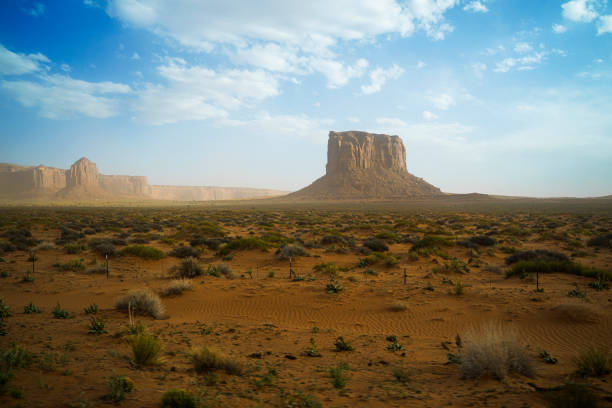 West Mitten Butte in Monument Valley with a blue sky and some white clouds in the sky