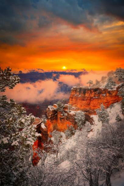 un tramonto invernale nel grand canyon - south rim foto e immagini stock