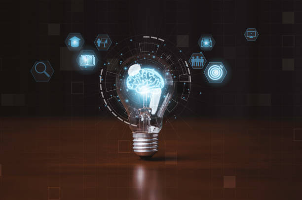 istock Virtual drawing of glowing blue brain with learning icon for knowledge study and education can make creative thinking idea concept. 1417124095