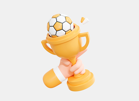3D Hand hold Trophy cup and soccer ball. Football player with 1st place award. Winner concept. Soccer player and victory prize. Cartoon creative design icon isolated on white background. 3D Rendering