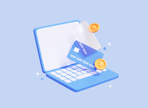 3D Laptop with credit card and coin. Online payment concept. Transfer money via computer. Shopping with contactless pay on web. Cartoon creative design icon isolated on blue background. 3D Rendering