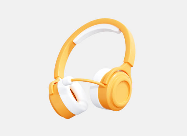 3D Headphones with microphone. Headset for playing games and listen to music. Realistic render concept. Cartoon creative design icon isolated on white background. Gold or Yellow color. 3D Rendering stock photo