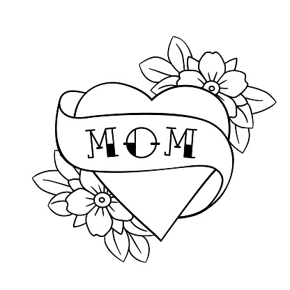Heart with wording mom vector by hand drawing.Beautiful tattoo on white background.Graphic art highly detailed in line art style.Red heart with ribbon retro for wallpaper or tattoo.