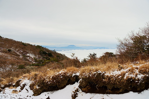 View of Sakurajima from Ohnami Pond in winter