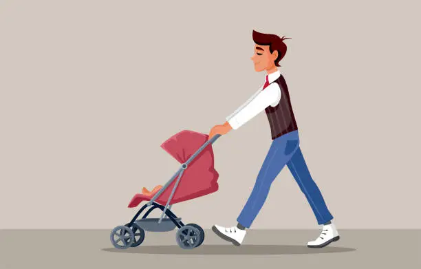 Vector illustration of Happy Father Pushing the Stroller Vector Cartoon Illustration