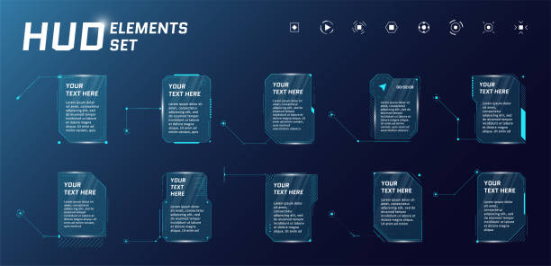hud-callout-titel im futuristischen stil auf blauem hintergrund. infografik-aufrufpfeilfeldleisten und moderne digitale info-layout-vorlagen für vertikale rahmen. hi-tech-schnittstelle fui und gui-element-set. vektor - content informationsmedium stock-grafiken, -clipart, -cartoons und -symbole
