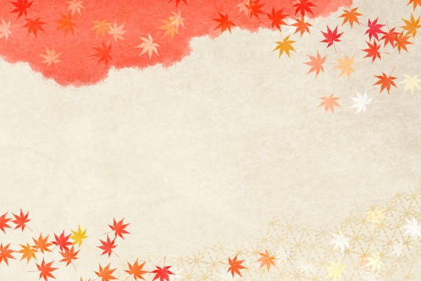 Template with autumn leaves on a background of textured antique Japanese paper. stock photo