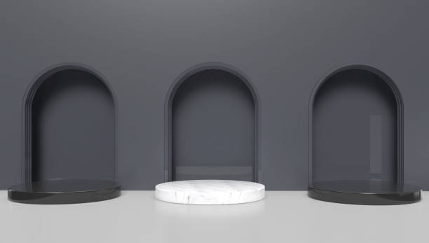 istock Abstract 3D scene with geometric shapes displays a platform for product presentation. Minimalist mockup concept,  simple clean design empty space. 3d rendering 1417164348