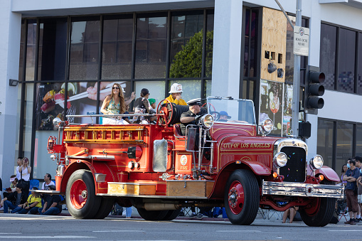 Los Angeles, CA - August 14 2022: Firetruck in the Nisei parade in Little Tokyo Los Angeles