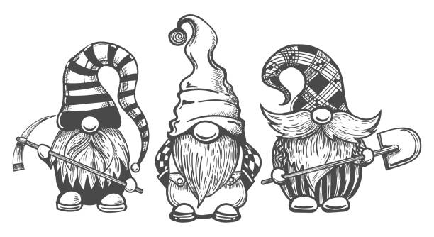 Black white gnomes Black white gnomes. Isolated dwarfs miners cartoon sketch, gardener little dwarf fairies, hand drawn fairytale cave elves, magic mountain trolls drawing, vector garden wizards Gnome stock illustrations