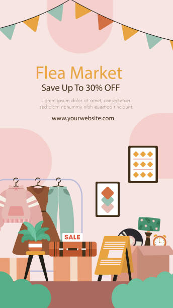 ilustraciones, imágenes clip art, dibujos animados e iconos de stock de historias planas ambientadas para evento de mercadillo de segunda mano ilustración vectorial - flea market