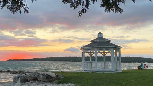 istock Sunset with Waterfront Gazebo - St. Ignace, Michigan in the Upper Peninsula 1417173675