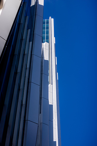 Upward view of Four Embarcadero Center tower in San Francisco, California.