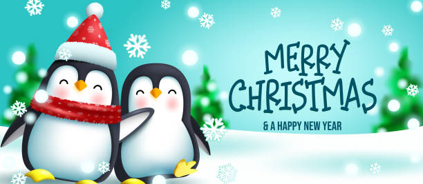 ilustraciones, imágenes clip art, dibujos animados e iconos de stock de diseño vectorial de felicitación navideña de pingüinos. feliz texto de navidad con pingüinos personajes amigables en la nieve al aire libre para la celebración navideña. - pingüino