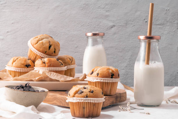 istock Chocolate chip muffins with milk 1417174378