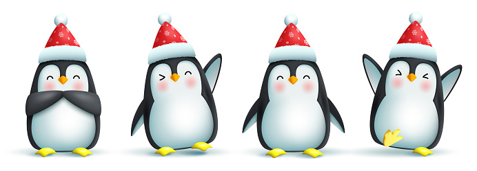 Penguin christmas characters vector set. 3d penguin character in friendly and cute pose and gestures with santa hat isolated in white background for xmas collection design.