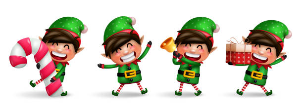 Elf christmas characters vector set. Elves 3d kids character with candy cane, gift and bell xmas elements standing and isolated in white background for xmas collection design. Elf christmas characters vector set. Elves 3d kids character with candy cane, gift and bell xmas elements standing and isolated in white background for xmas collection design. Vector illustration. nymph stock illustrations