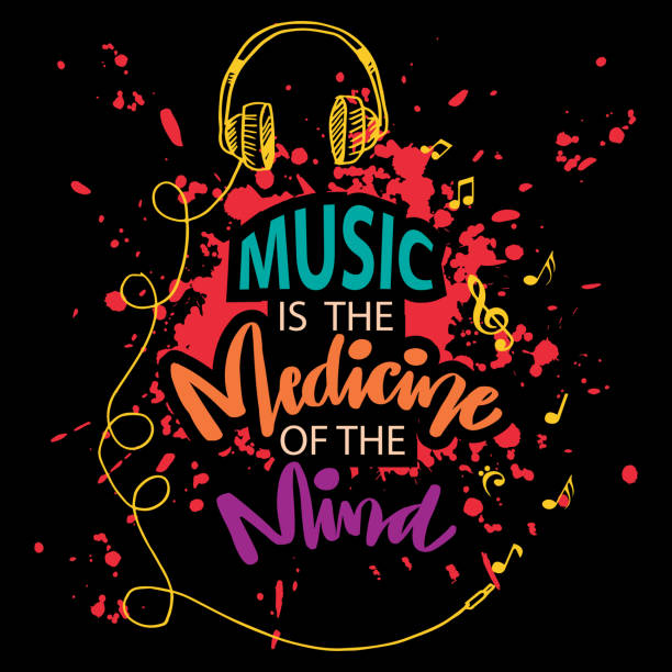 Music is the medicine of the mind lettering with headphone. Poster Music quote. Music is the medicine of the mind lettering with headphone. Poster Music quote. lifestyle backgrounds audio stock illustrations