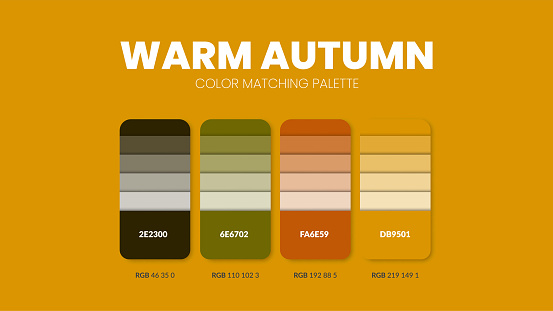 Warm Autumn color guide book cards samples. Color theme palettes or color schemes collection. Colour combinations in RGB or HEX. Set of trend color swatch cataloque inspiration for fashion or design.
