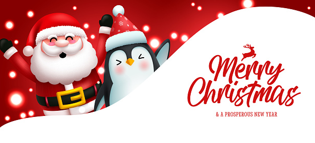 Christmas greeting vector template design. Merry christmas text in white space with waving santa claus and penguin character for xmas celebration messages. Vector illustration.