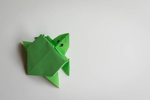 Green sea turtle origami, isolated on white background. Copy space.