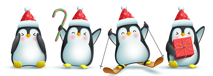 Penguin christmas characters vector set. Penguin 3d character in cute and friendly face with santa hat, gift and skate elements for xmas collection design.