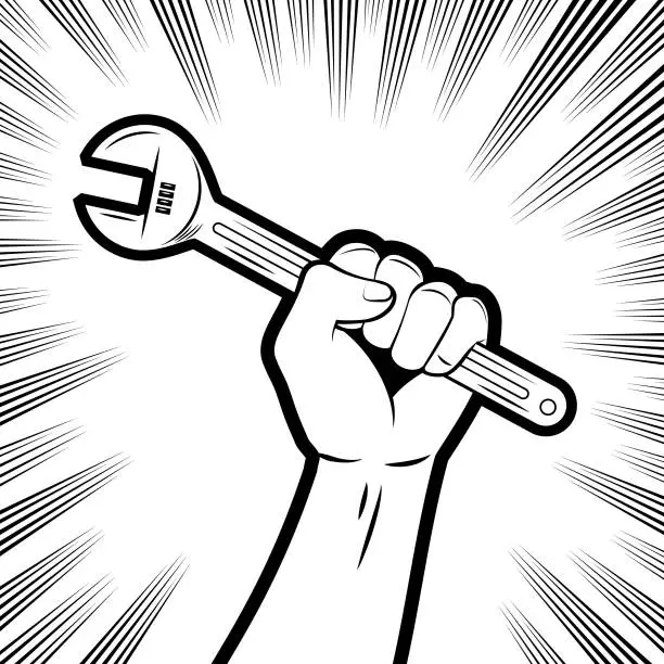 Vector illustration of A firm fist holding an adjustable wrench in the background with comic effects lines