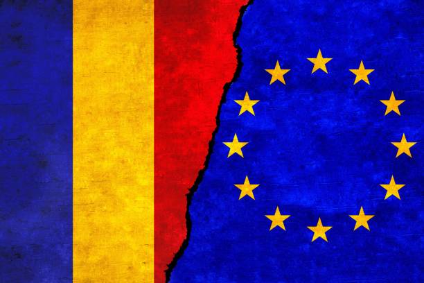 istock European Union and Romania flags on a wall with a crack 1417185036
