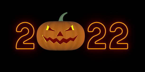 istock orange neon 2022 and pumpkin on dark background. 3D illustration 1417191261
