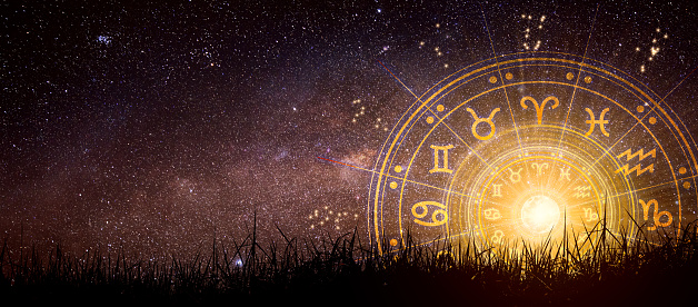 Astrological zodiac signs inside of horoscope circle. Astrology, knowledge of stars in the sky over the milky way and moon.