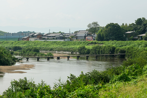 A subsidence bridge made of concrete over the Yamato River