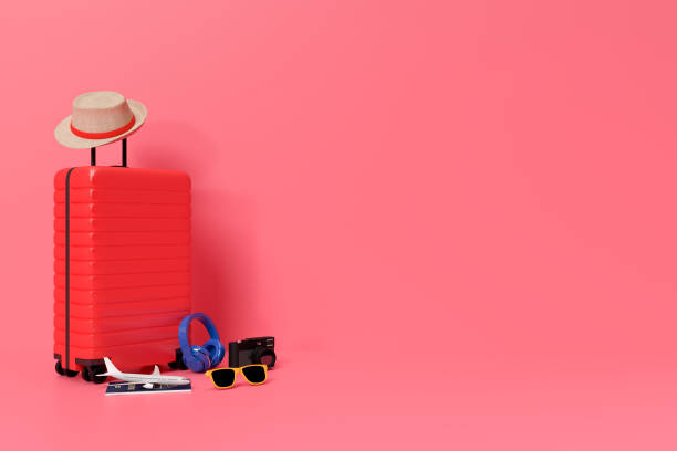 istock Suitcase with traveler accessories, essential vacation items minimal style on pastel background. Adventure and travel summer holiday traveling concept design banner with copy space. 3D rendering 1417195379