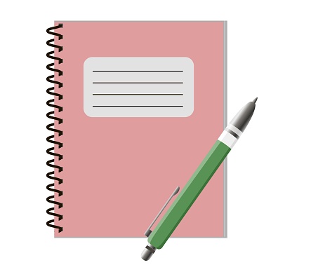 Pink vector copybook with green pen, isolated on white background. Vector illustration
