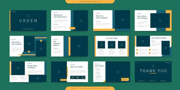 Vector illustration of minimalist presentation templates or corporate booklet. Use in flyer and leaflet, marketing banner, advertising brochure, annual report or website slider. Green yellow color company profile vector