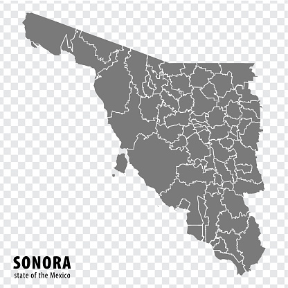State Sonora of Mexico map on transparent background. Blank map of  Sonora with  regions in gray for your web site design, logo, app, UI. Mexico. EPS10.