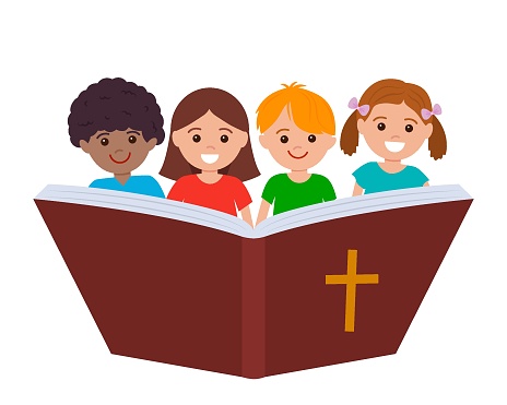 cute children read the bible. Sunday school concept. vector illustration isolated on white background
