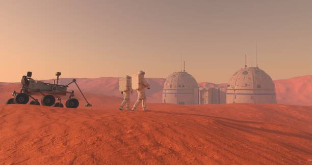istock Mars colony. Expedition on alien planet. Life on Mars. 3d Illustration. 1417199739