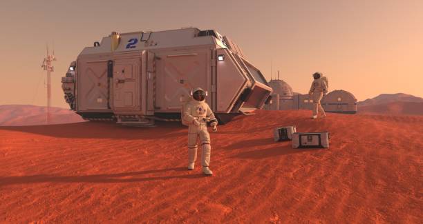 istock Mars colony. Expedition on alien planet. Life on Mars. 3d Illustration. 1417199753