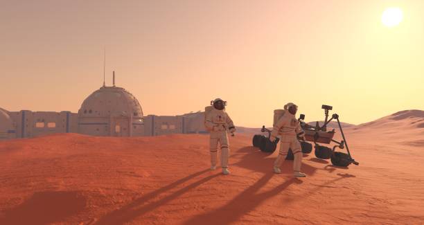 istock Mars colony. Expedition on alien planet. Life on Mars. 3d Illustration. 1417199772