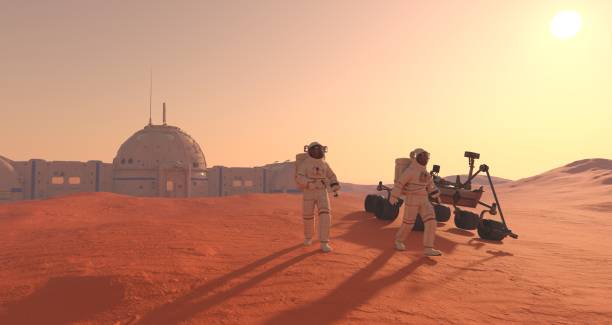 Mars colony. Expedition on alien planet. Life on Mars. 3d Illustration. stock photo