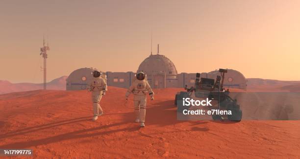 Mars Colony Expedition On Alien Planet Life On Mars 3d Illustration Stock Photo - Download Image Now