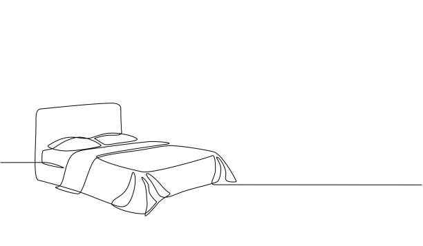 zeichnen sie eine durchgehende linie von doppelbetten mit kronleuchtern und tischen. moderne dachbodenmöbel für das schlafzimmer in einem minimalistischen einlinienstil. vektorillustration im doodle-stil - bed pillow doodle bedroom stock-grafiken, -clipart, -cartoons und -symbole