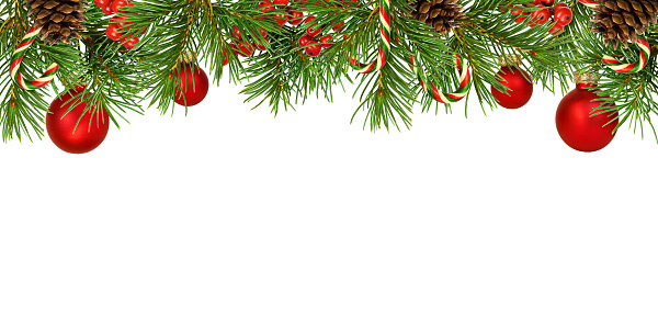 Borde superior decorativo navideño con pino, bolas rojas y bayas, conos y caramelos aislados sobre blanco photo